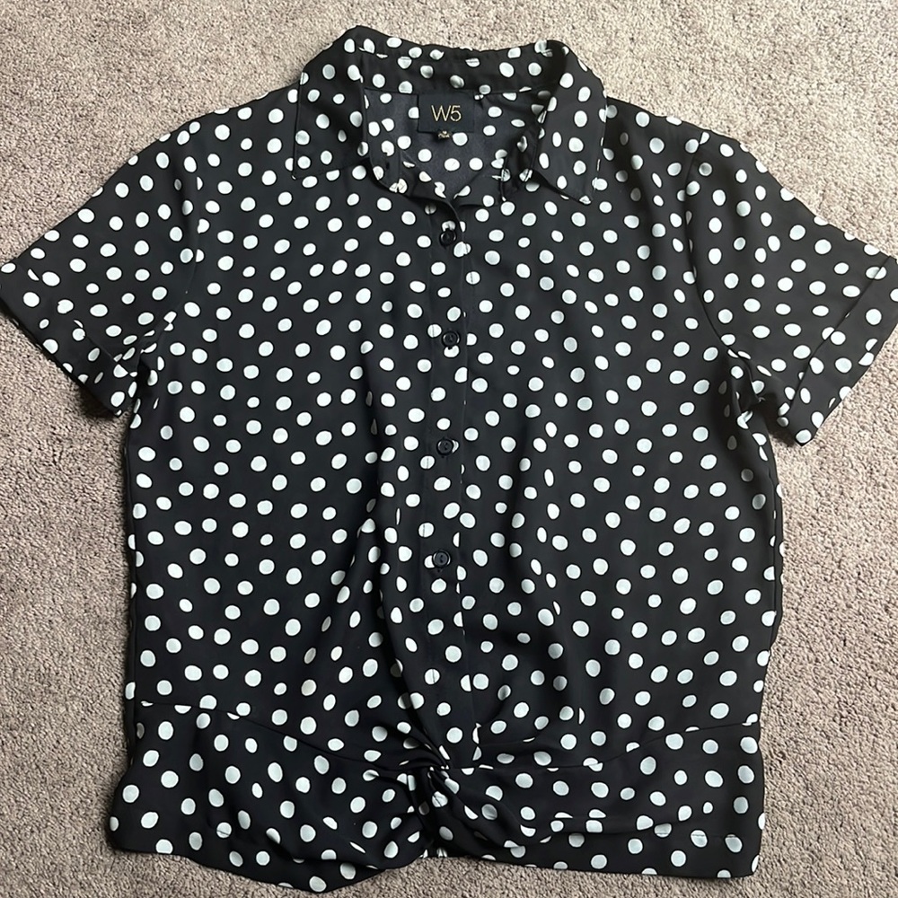 Black & White Polka Dot Collar Button Up Blouse